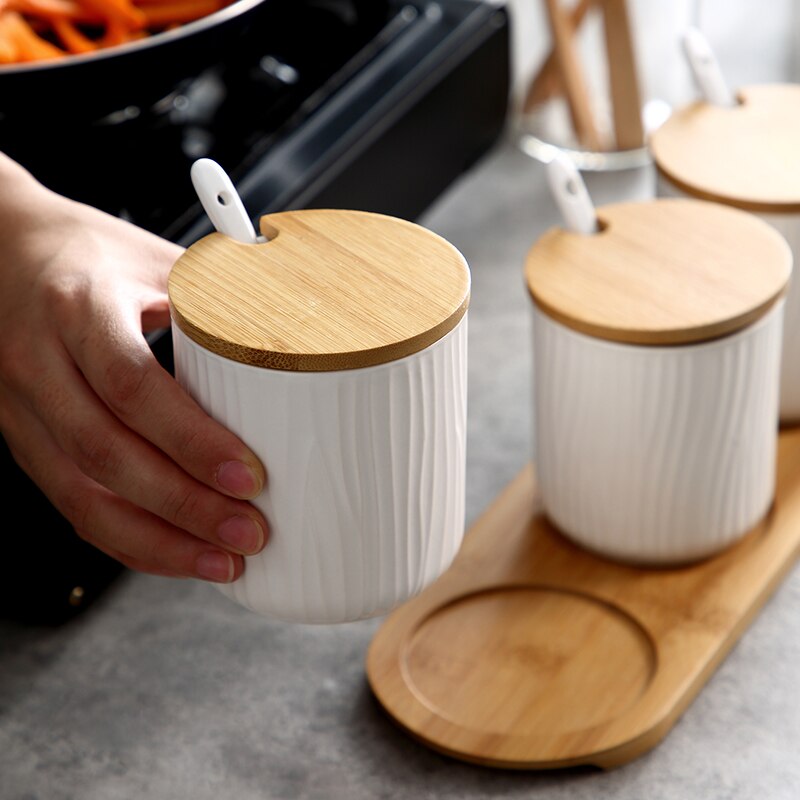 3 Pcs Nordic Keramische Kruiden Pot Met Houten Deksel En Lepel Opslag Container Kruiderij Potten Keramische Kruiden Rack Keuken Tool