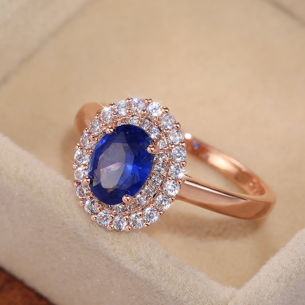 Huitan Oval Deep Blue Stone Women Wedding Bridal Rings Rose gold Color Gorgeous Engage Ring Mother’s Noble Jewelry