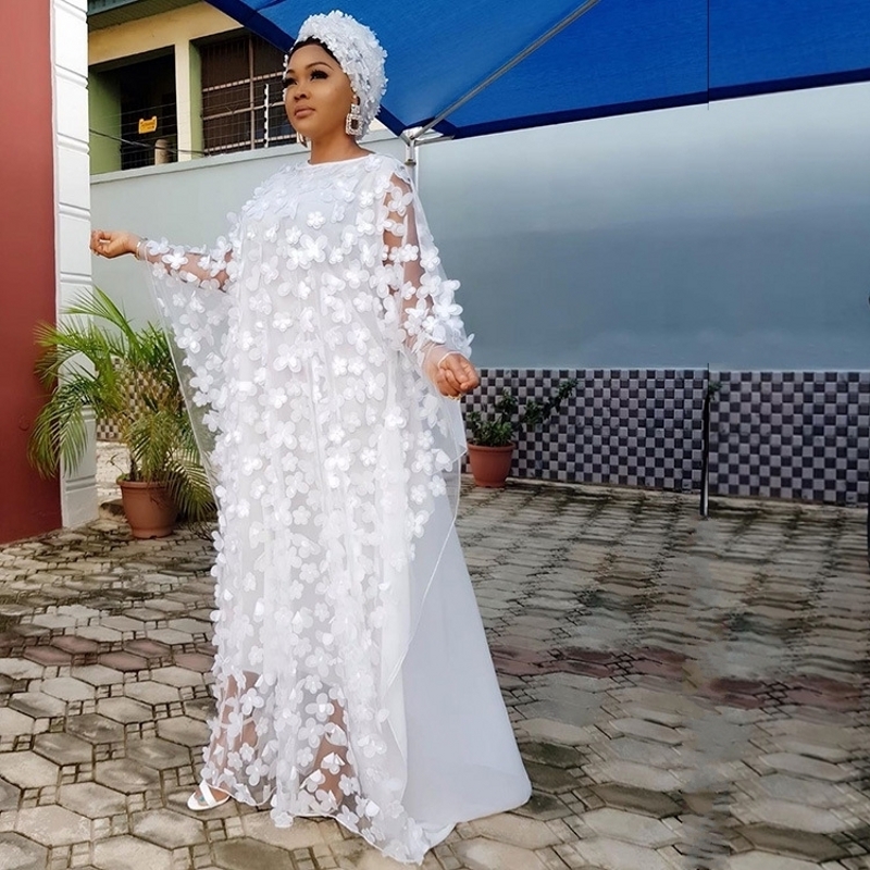 No Headscarf Super Size White African Dress For Women African Women Dashiki Loose Embroidery Long Dress African Clothes