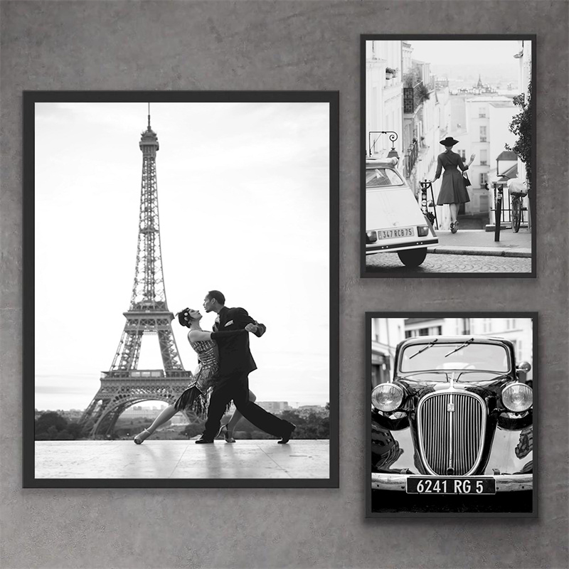 Fotos de fotografía en blanco y negro, imagen impresa en lienzo, globos negros, para mujer, Tour Eiffel, cartel de coche Vintage, decoración del hogar