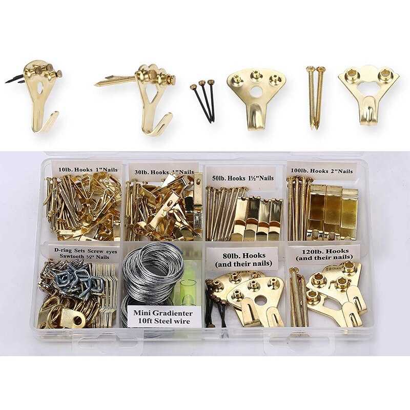 Picture Hangers, Picture Hanging Kit, 225Pcs Heavy Duty Frame Hooks Hardware with Nails for Wall Mounting