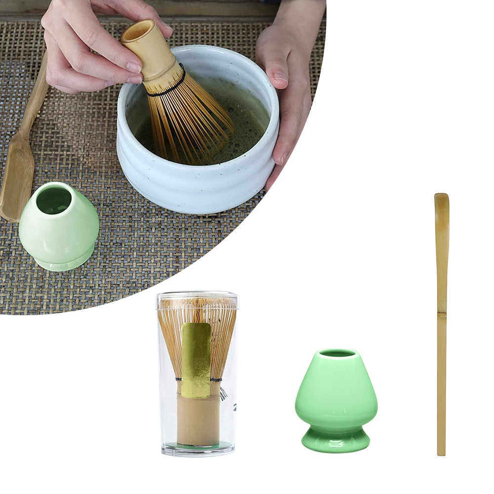 3 in 1 matcha keramisk teskål bambu te skopa matcha visp japansk tekanna te verktyg visp hållare japanska matcha tesatser: Cyanblå