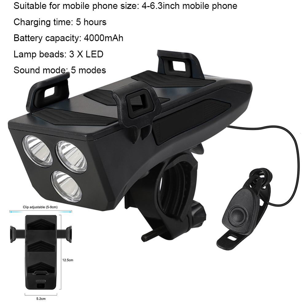 Multifunctionele 4 In 1 Fiets Licht 400 Lumen Fiets Zaklamp Fiets Hoorn Telefoon Houder Power Bank Fiets Front Light: Black 4000mAh