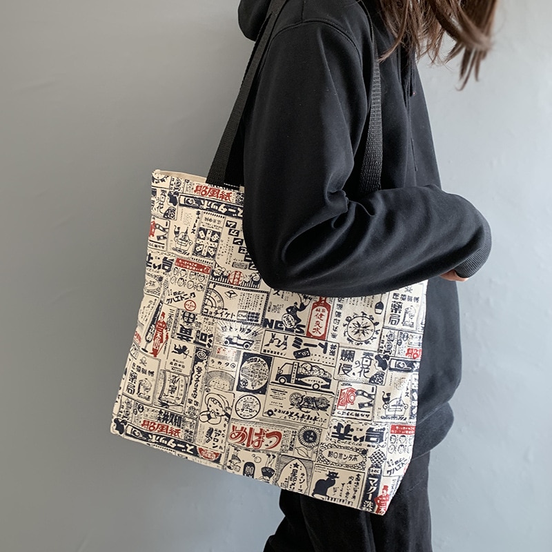 Stor kapacitet lærred skuldertaske til kvinder øko indkøbstasker japansk vintage bomuldsstof tote taske håndtasker stor shopper
