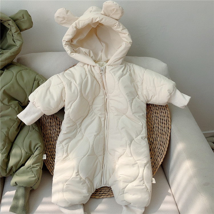 Pasgeboren Meisje Jumpsuit Hooded Winter Baby Overalls Geboren Baby Kleding Jongen Warm Snowsuit Jas Kid Beer Romper Peuter Bovenkleding: Beige / 90