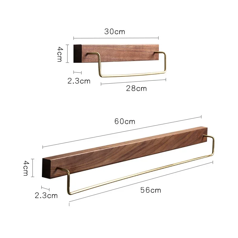 60CM Black Walnut Wood Towel Rack Wall Mounted Retro Towel Bar Wooden Holder Brass Towel Rail Brass Hooks for Bathroom Kitchen
