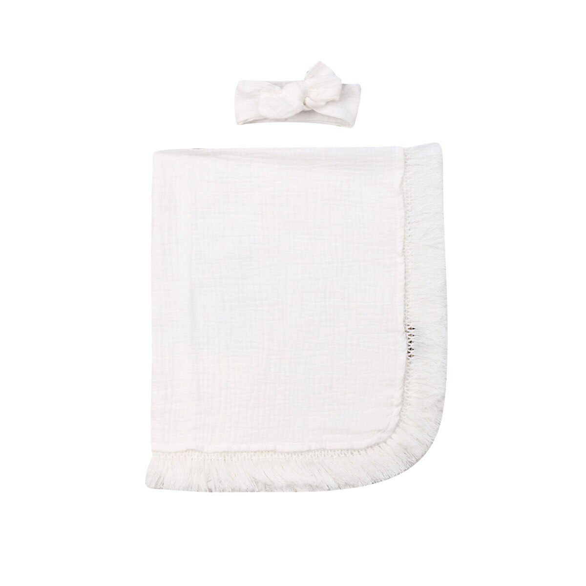 2Pcs Baby Girls Boy Tassel Swaddle Wrap Blanket Muslin 100% Cotton Sleeping Mat: White