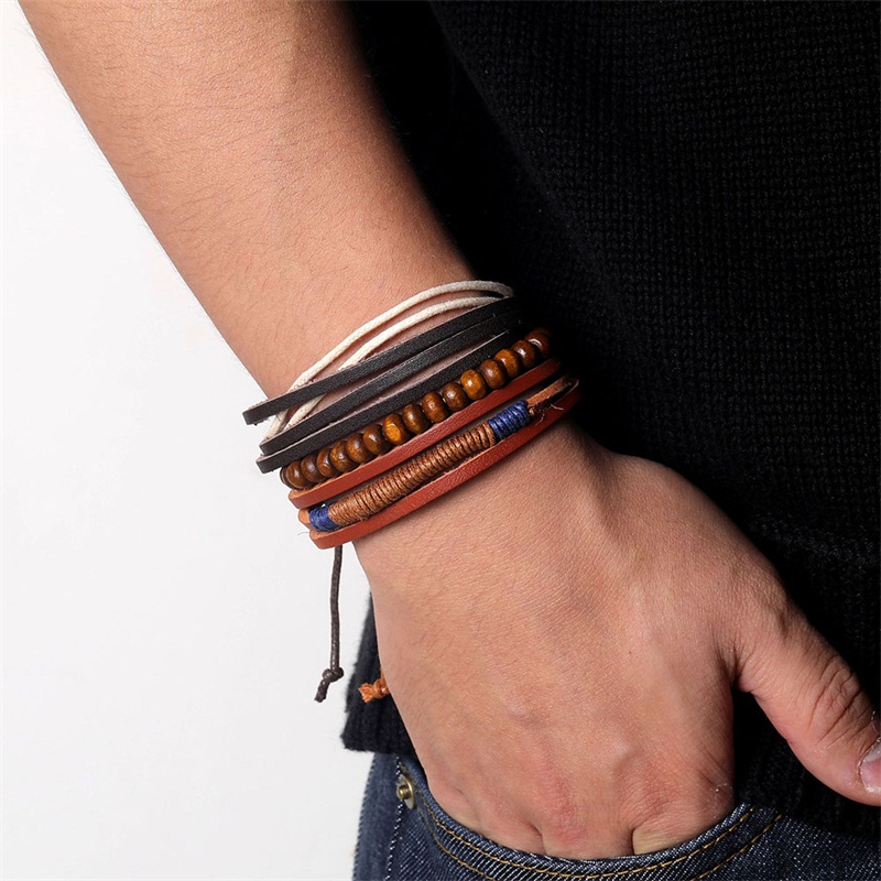 Wood Bead Male Multilayer Leather Bracelet Men Braided Rope Wrap Bracelets Bangles Pulseira Masculina Jewelry Pulsera: S332