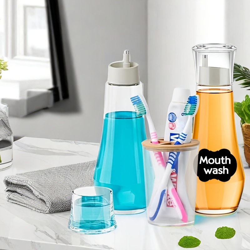 Multifunctional Dispensing Bottle Refillable Glass Mouthwash Dispenser with Lid Clear Portable Bathroom Countertop Container