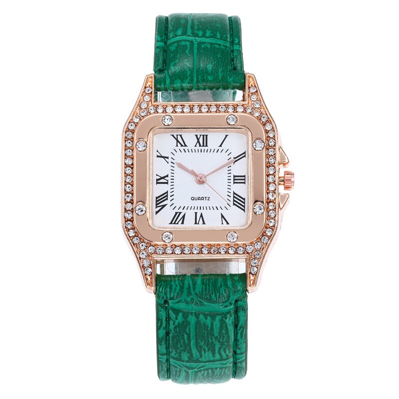 Vierkante Luxe Diamant Vrouwen Horloges Set Lederen Dames Horloge Waterdicht Vrouwelijke Quartz Horloge Relogio Feminino Reloj Mujer: green