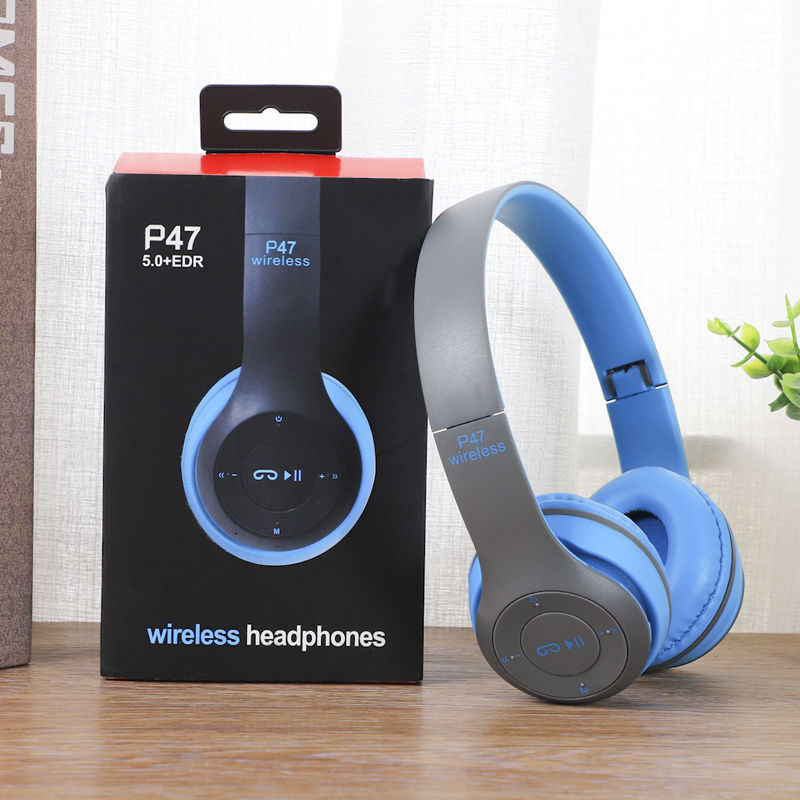 P47 Wireless Headphones Bluetooth 5.0 Earphones Foldable Bass Helmet Support TF-Card For All Phone PC PS4 With Mic Headsets: Blue
