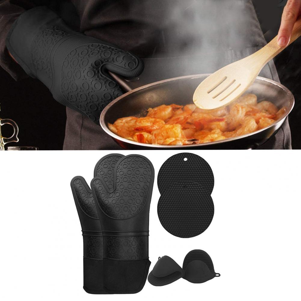 5Pcs/Set Oven Mitts Flexible Heat Insulation Silicone Extra Long Mittens Gloves Pot Holders Placemat for Kitchen
