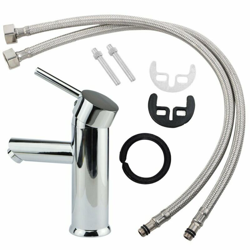 Mono Mixer Brass+Steel Faucet Tap For Bathroom Basin Sink+Inlet Hoses 60cm Quarter Turn Ceramic Discs
