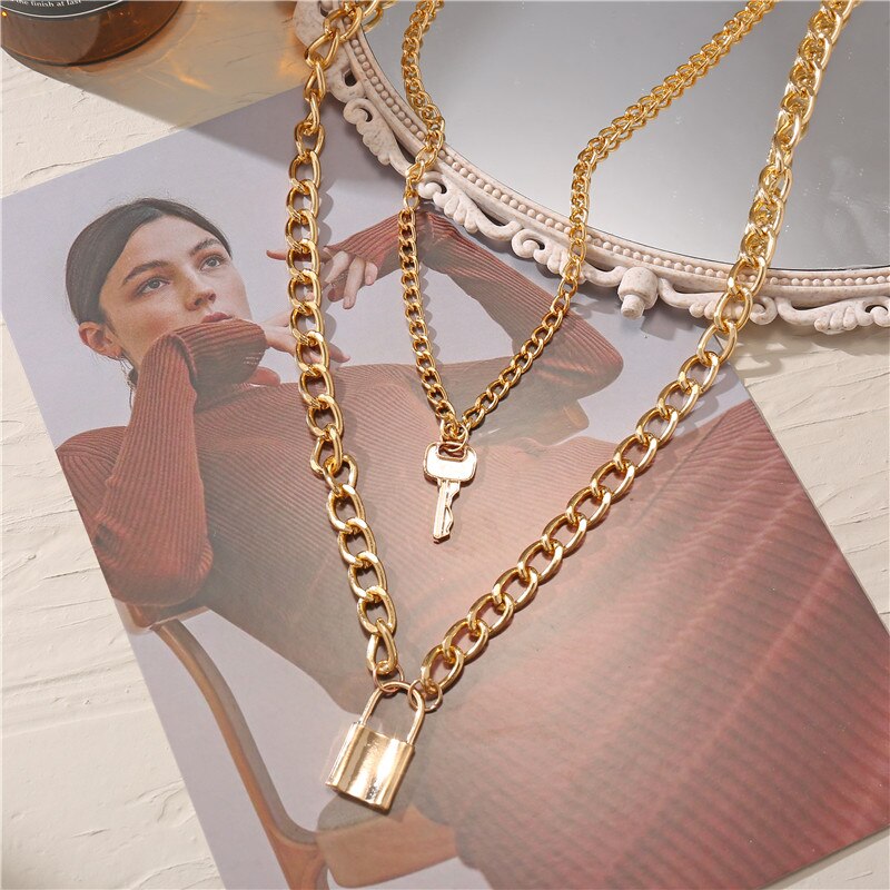 Vintage Multilayer Heart Lock Hanger Ketting Voor Vrouwen Mode Goud Zilver Kleur Dikke Ketting Sieraden: CS5757