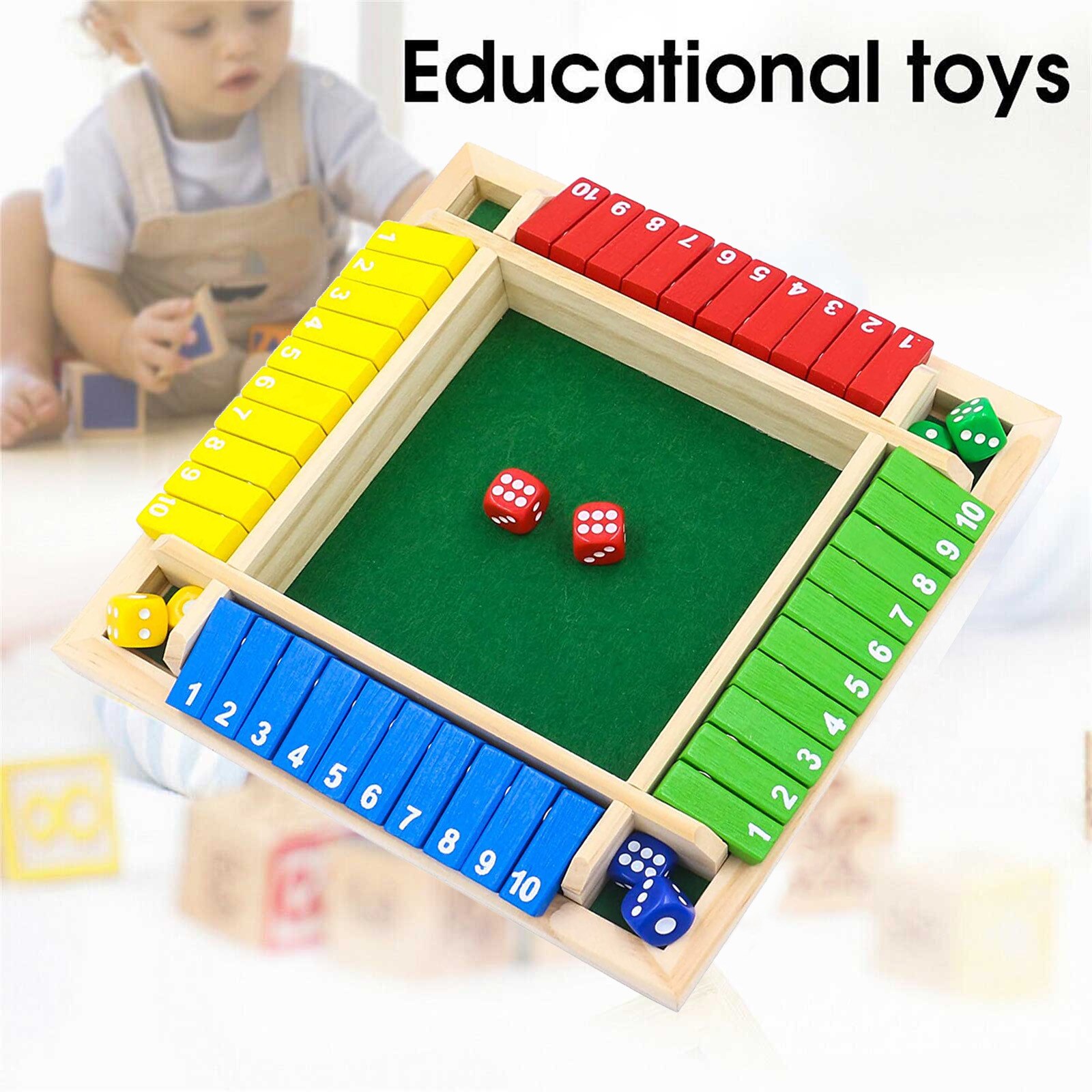 Houten Interesse Board Game Voorschoolse Speelgoed Traditionele Vierzijdige 10 Nummer Pub Bar Board Dice Game Doos Speelgoed Voor Kinderen