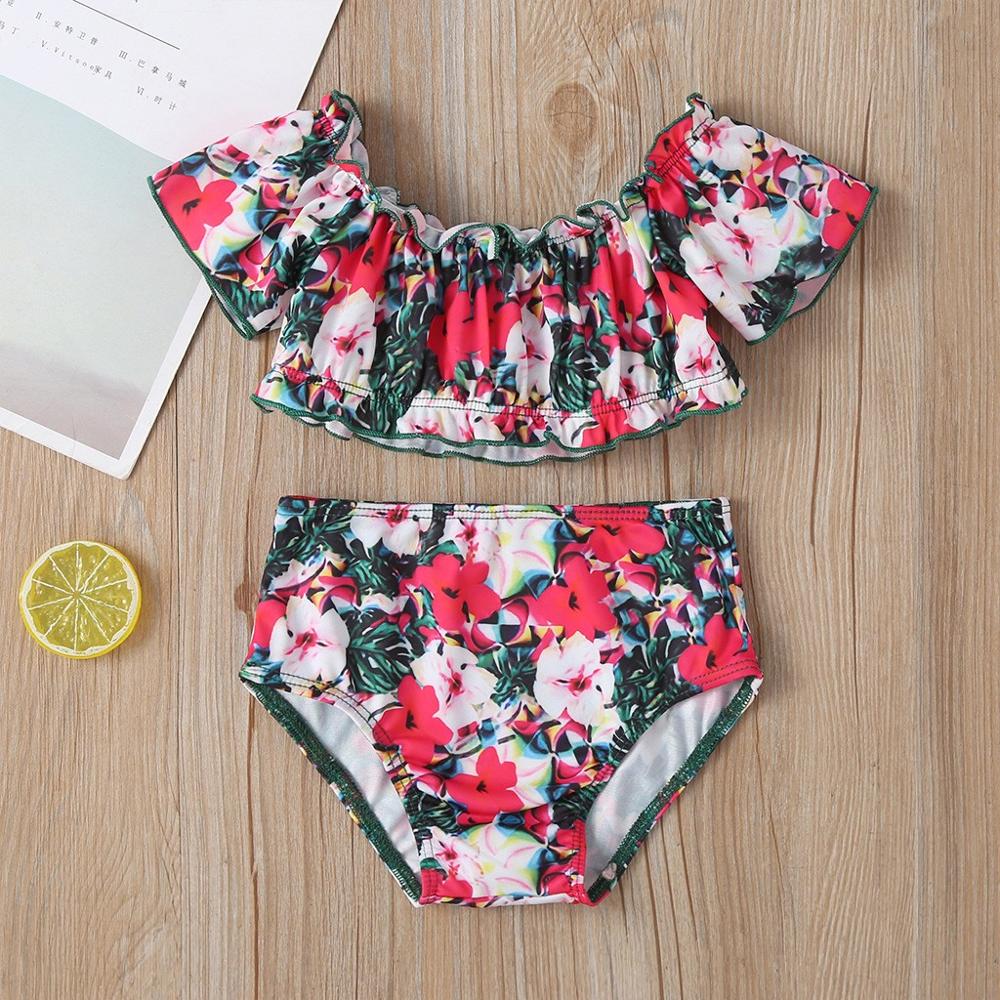 Floral Print Sleeveless Two Piece Swimwear for Girls Summer Beachwear Printing Off Shoulder Ruffle Swimsuit B2