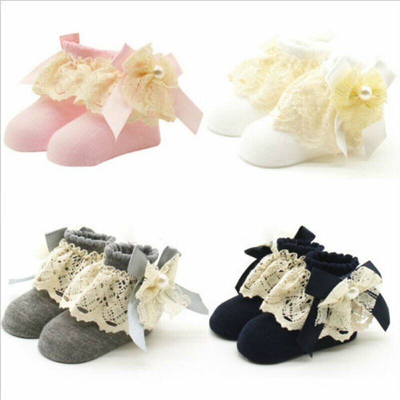 4 kleuren Leuke Meisje Baby Sokken Enkel Fancy Lace Ruffle Stroken Prinses Katoen Schoonheid Korte Sokken