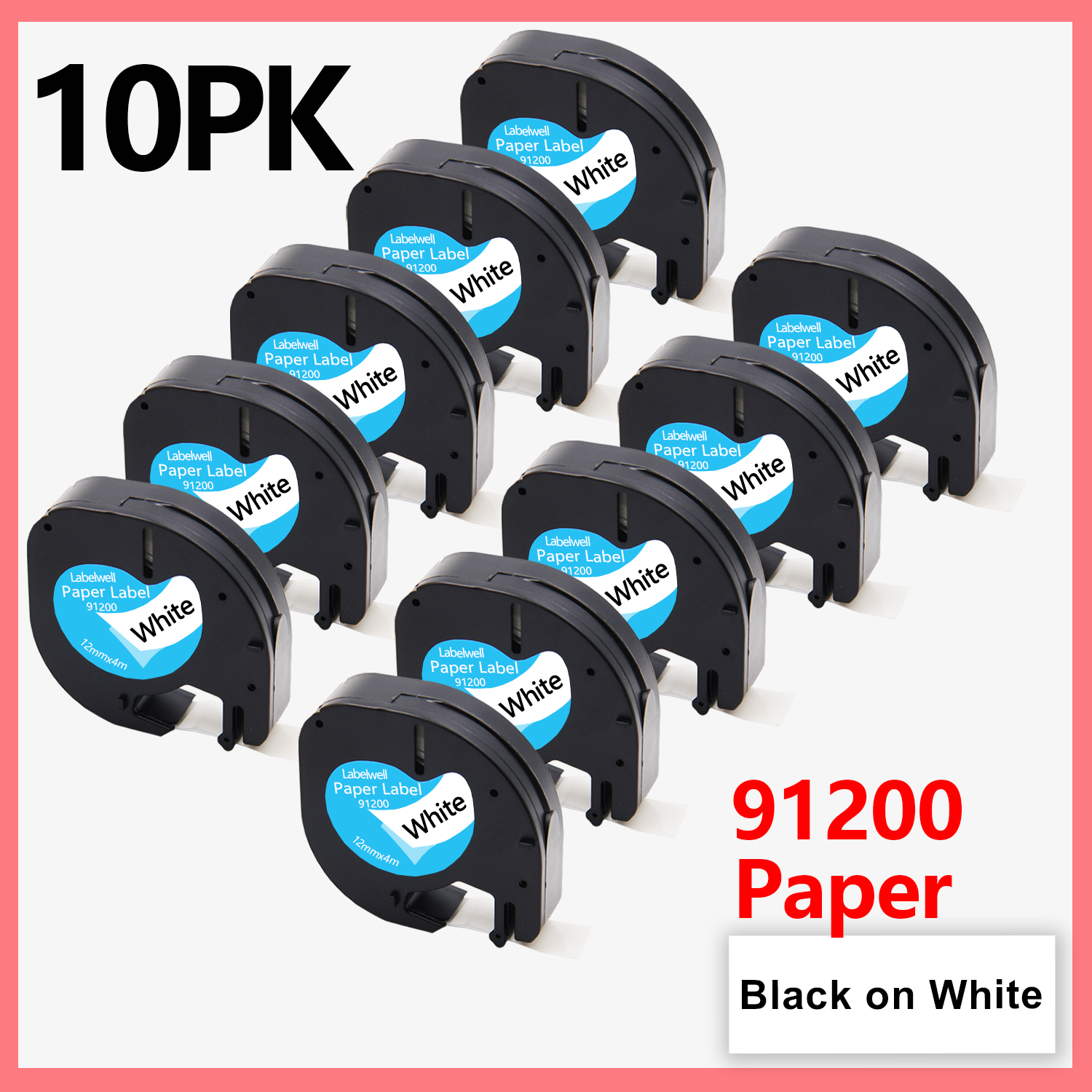 10PK Compatible Dymo LetraTag 91201 91202 12267 91200 91203 91204 91205 Plastic Label Tapes 12mm*4M for Dymo LT-100H LT-100T XR: 10PK Paper White