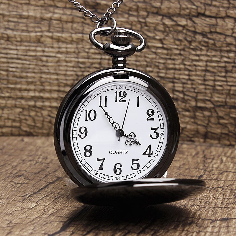 Retro Glad Mannen Zwart Zakhorloge Zilver Polish Quartz Fob Pocket Watches Hanger Met Ketting