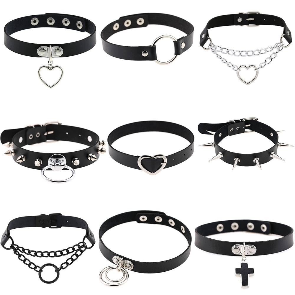 Punk Gothic Black Pu Leather Heart Cross Round Choker Necklace For Women Spike Rivet Neck Jewelry Chocker Collar Necklaces