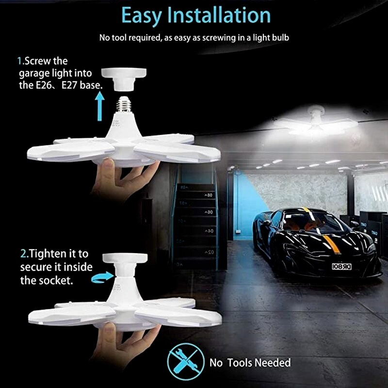 60W Bright Light Led Folding Four-Leaf Garage Light Folding Bulb Portable Warehouse Garage Lights Ajustable Industrial Lighting