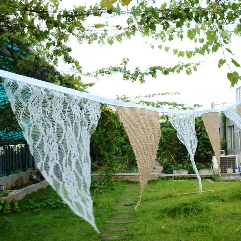 Säckväv linne vimpel barn pojke flicka spets bunting flaggor vintage 3.3m bröllop dekor födelsedagsfest dekorationer