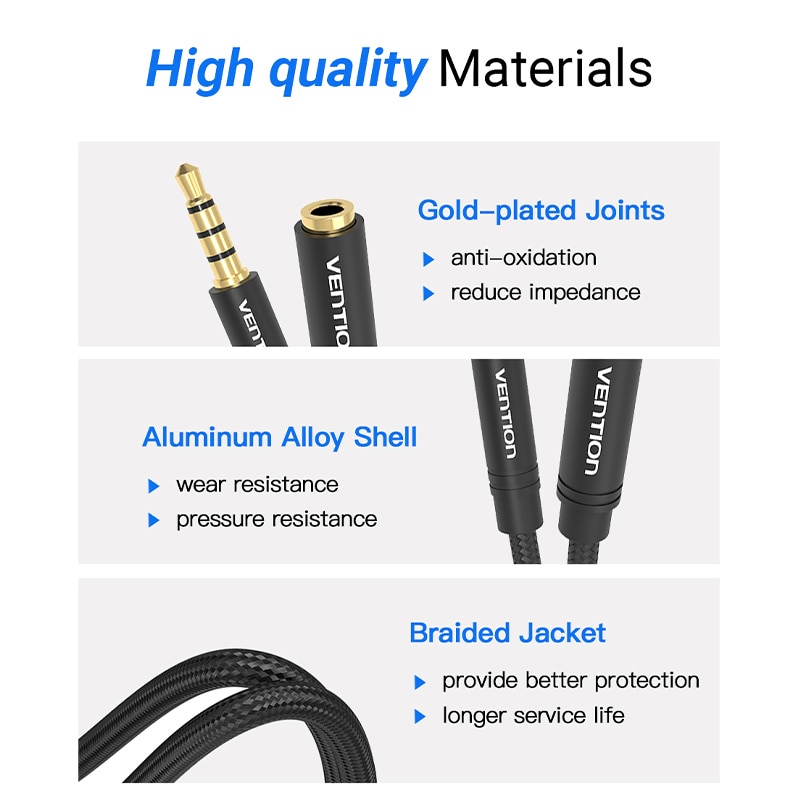 Vention Jack 3,5 Cable de extensión auxiliar para coche portátil Mini PC TV Xiaomi Huawei estéreo 3,5mm Jack auriculares altavoz Cable auxiliar