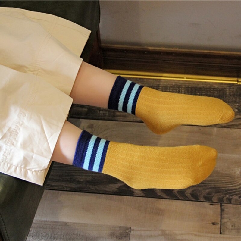 5Pcs/Set Two Stripes Autumn Winter Cotton Blend Half Crew Tube Socks For Child