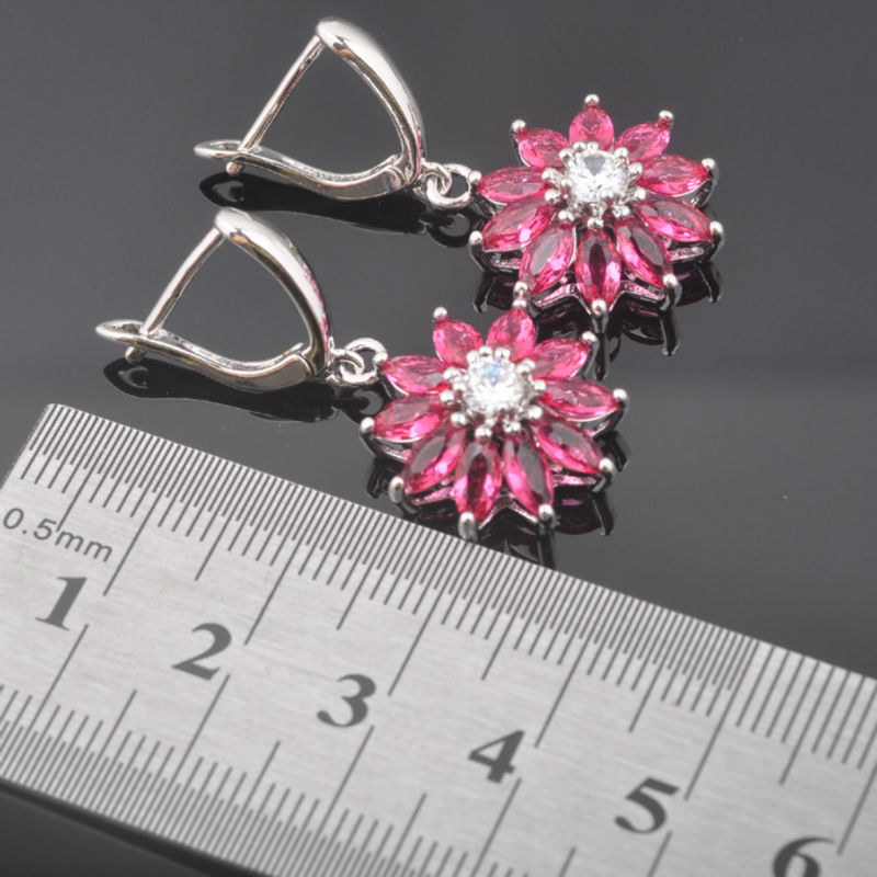 Zilveren sieradenset voor dames, trouwketting, oorbel, ring, hemelsrode zirkonia, kristallen bloem, kostuumsets  qz0435