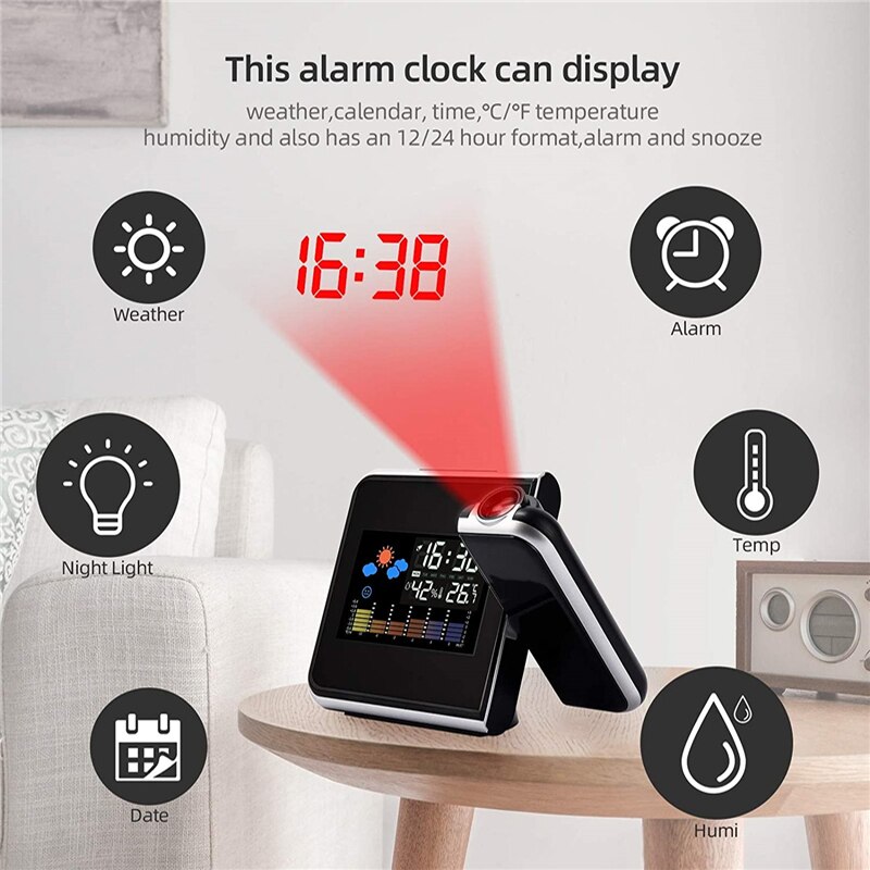 Led Projection Clock Desk Time Display Projector With Weather Station Thermometer Snooze Alarm Clock For Household Decoration