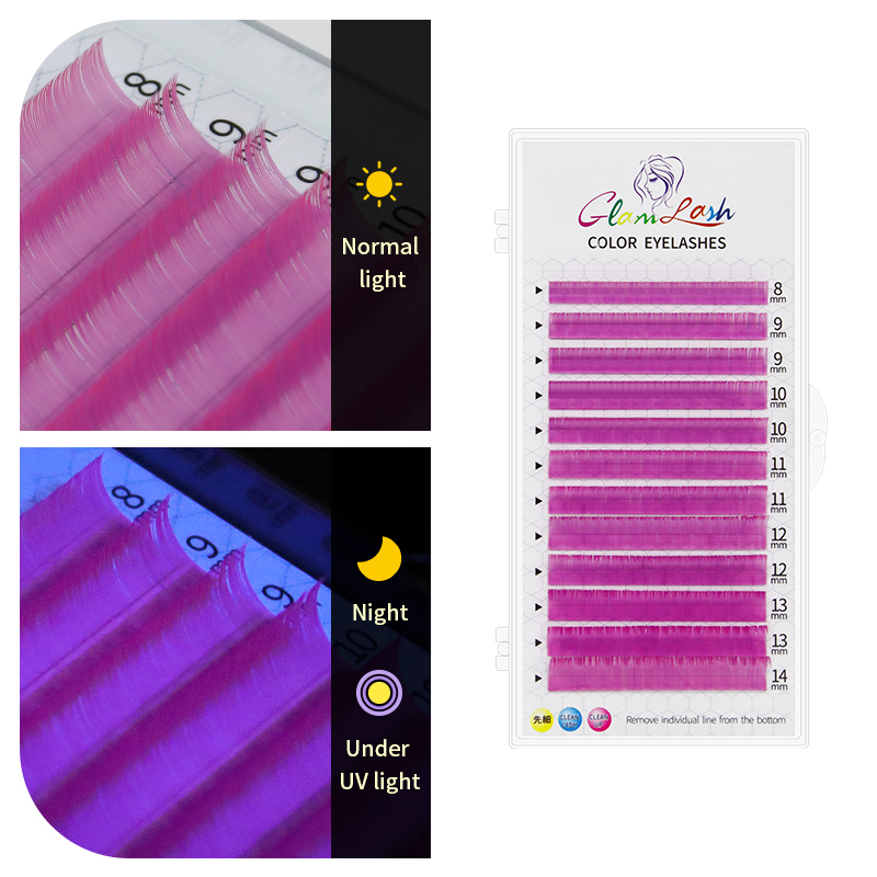 GLAMLASH fluorescencyjne przedłużanie rzęs różowy zielony żółty pomarańczowy UV Neon przedłużanie rzęs świecące w ciemności rzęsy makijaż: C / UV Purple