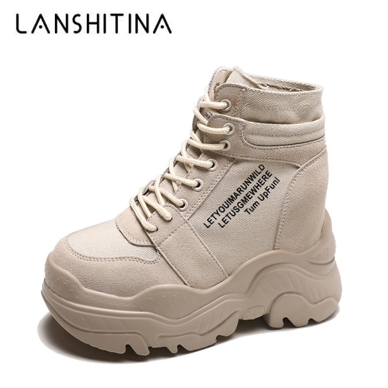 Botas de otoño para mujer, zapatillas de plataforma alta de 12CM, botines de aumento de altura, suela gruesa, zapatos de lona transpirables, novedad de