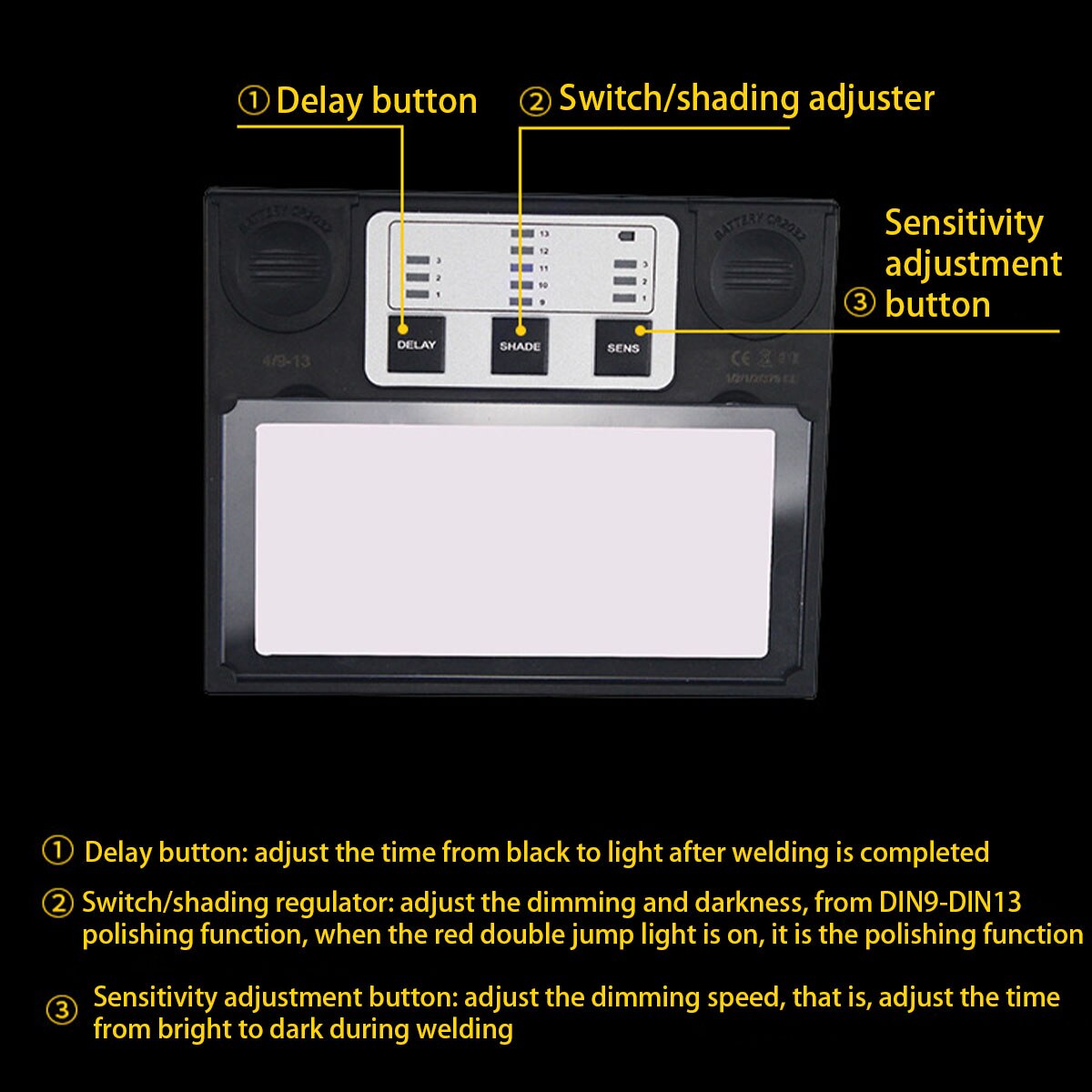 Solar Auto Darkening Welding Helmet Adjustable Shade DIN 9-13 Rest DIN 4 Welding Visor Mask Large View Area Arc Tig Mig Welders