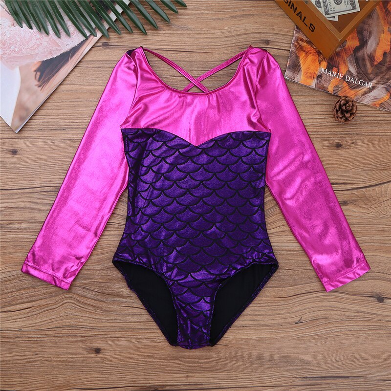Langærmede glitrende vægte trykt splejsning gymnastik jumpsuit pige ballet kostume gymnastik trikoter akrobatik børn dansetøj