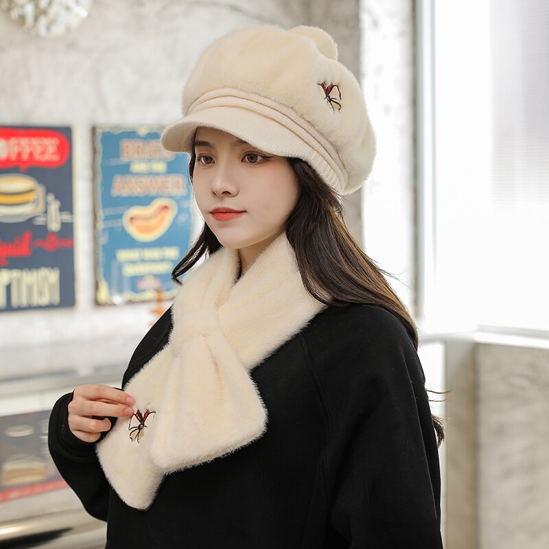 Chapeau octogonal en laine de pour adulte, couvre-chef femme papillon avec couvre-cou, deux pièces, neige, pour l&#39;extérieur, hiver 100%: WHITE