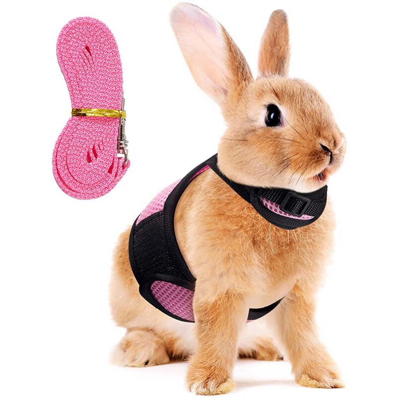 Kaninchengeschirr, weiches geschirr für kaninchen, netz-kaninchengeschirr, hamsterweste mit elastischer leine (l): Rosa