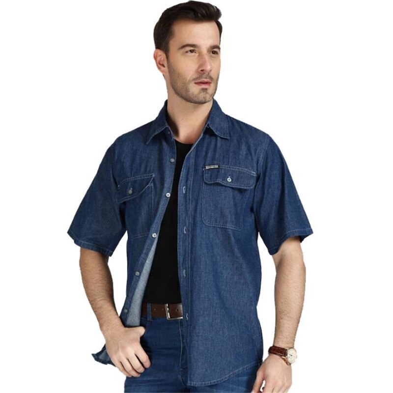 Plus size 3xl 4xl menn sommer denim skjorter kausal mannlige casual kortermede skjorter og topper sommer mann løse skjorter  a3605