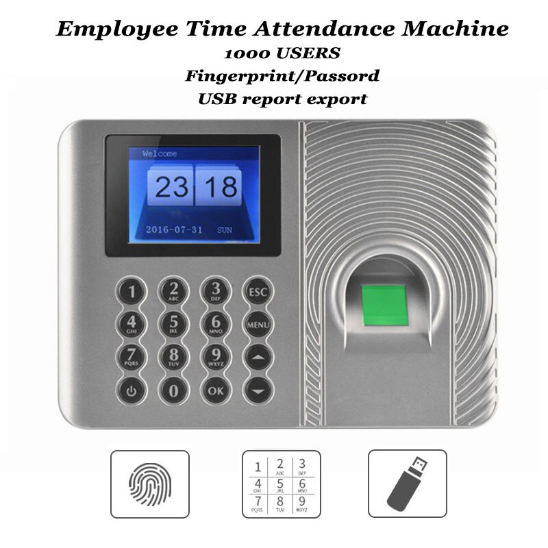 1000 Users Office Biometric Fingerprint Time Attendance Machine Code USB disk Excel export Empolyee Recognition Recorder