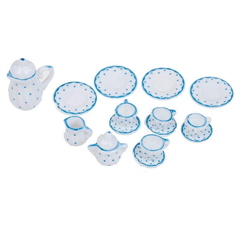 15Pcs 1/12 Doll house Miniature Blue Flower Patten Porcelain Coffee Tea Cups Ceramic Tableware Kitchen Accessories