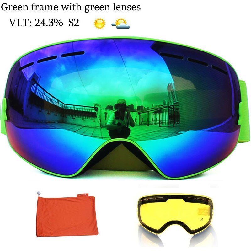 Anti-fog Ski Goggles UV400 Ski Glasses Double Layers Skiing Snowboard Snow Goggles Ski Eyewear With One Graced Brightening Lens: All Green