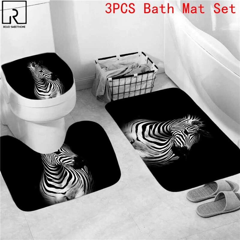 Animal Print Black Shower Curtains Lion Tiger 3D Bathroom Curtain Set Anti-slip Bath Mat Soft Toilet Lid Cover Home Rugs Carpets: 3PC Mat Set-B