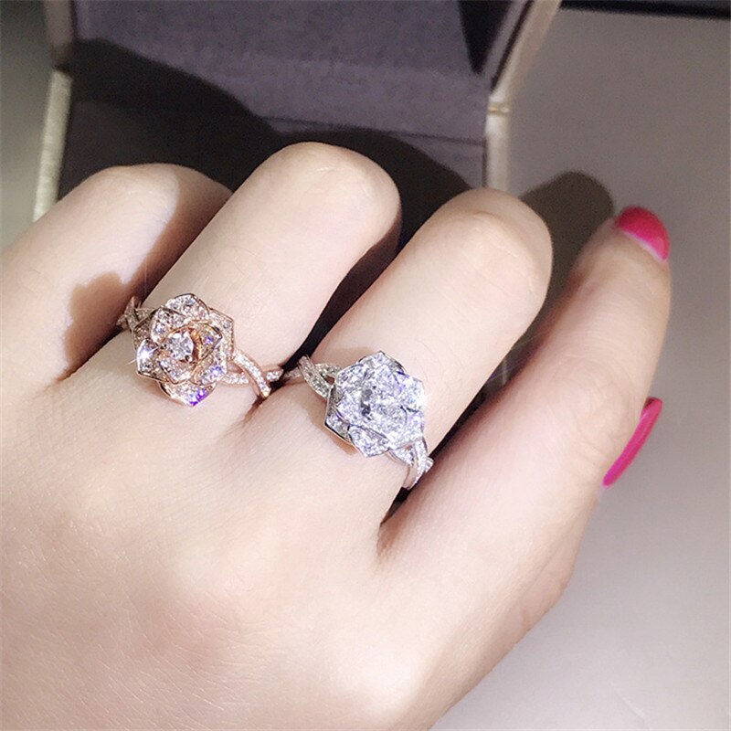 Leuke Mode Grote Rose Bloem Ring Luxe Vrouwelijke Rose Gold Engagement Ring Vintage Party Wedding Band Ringen Voor Vrouwen