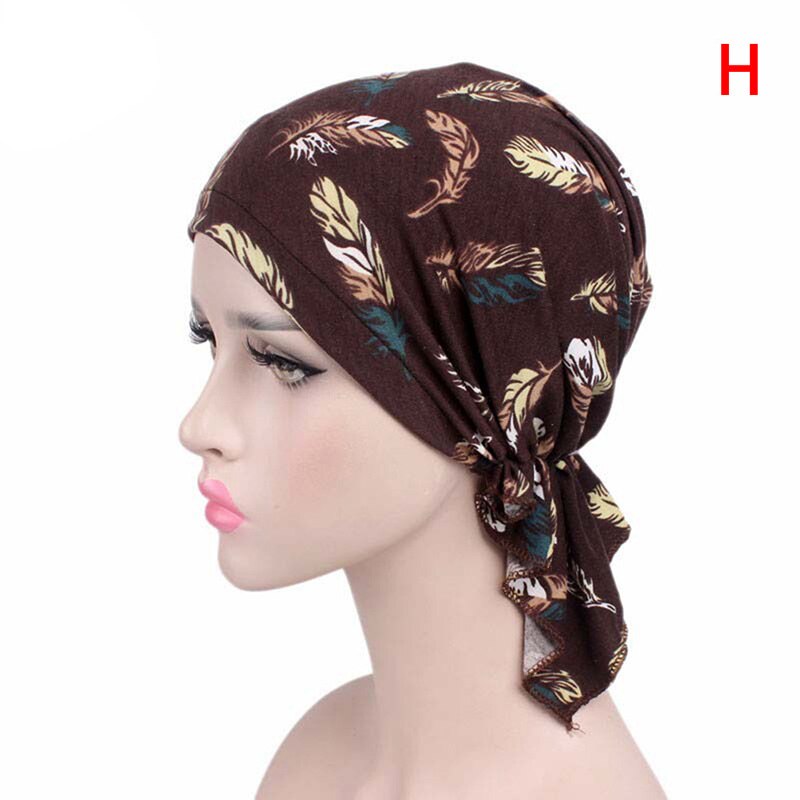 Women Feather-print Turban Hat Long Hair Hat Night Sleep Cap Lady Hair Care Bonnet Headwrap Muslim Hat Indian Hat: H