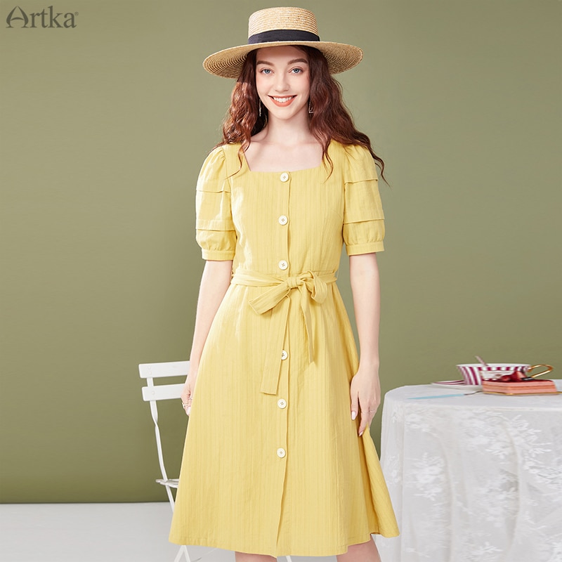 Artka kesä naisten mekko ranskalainen vintage nelikulmainen kaulus mekot vyöllä puhdasta puuvillaa puhvihihainen pitkä mekko  la25603x