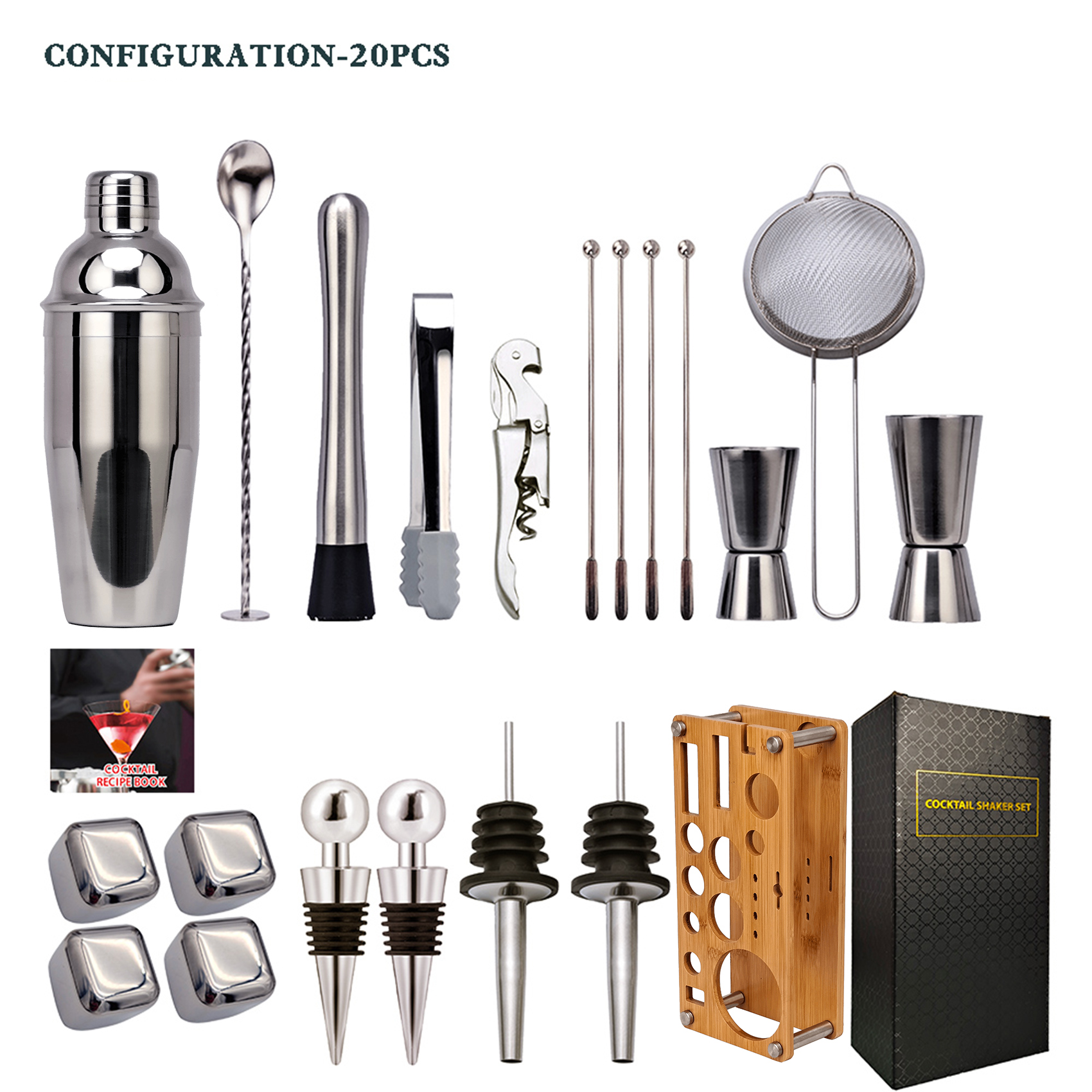 21-Piece Cocktail Shaker Set,Bartender Kit With Bamboo Stand Detachable, Party Home Bar Tools Stainless Steel ,Perfect