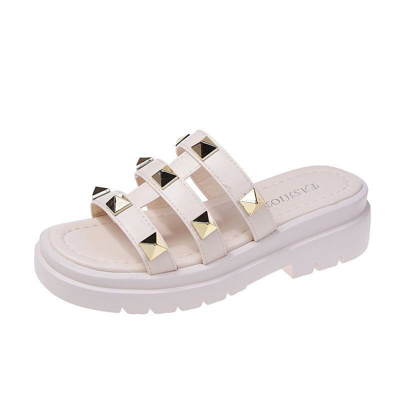 Feminine Slipper Pop Rivet Slipper Muffin Comfortable Platform Medium Heel Open-toe Slipper for Leisure Outdoor Beach: Beige / 37