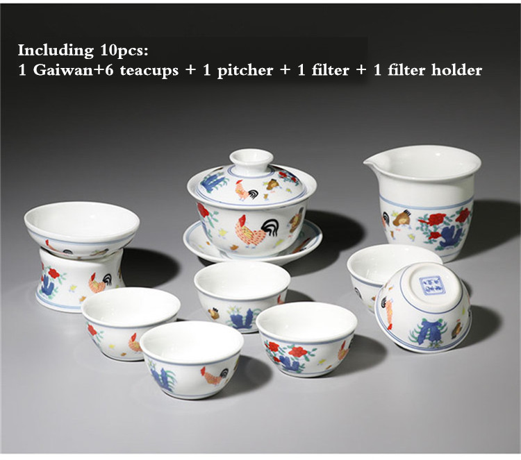 Juego de té chino de gallo arcaístico, tetera, juego de tazas, artículos de té para el hogar, juego de Ceremonia de té, juego de té de porcelana: Gaiwan 10pcs Set