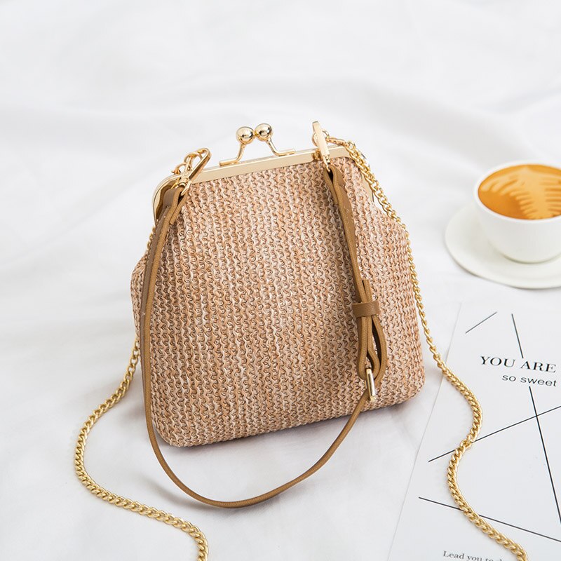 Moda concha saco de palha designer clipe de corrente feminina ombro crossbody sacos rattan bolsas femininas pequeno tecido verão praia bolsas