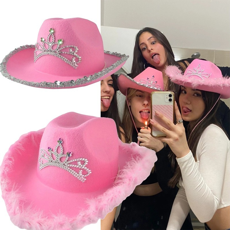 Sombreros de vaquero rosas para mujeres y niñas, sombreros occidentales de ala ancha Y2K, corona brillante, gorros de plumas con lentejuelas, accesorios de disfraz de de vaquera