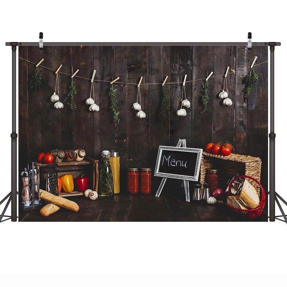 Menu kitchen Newborn Little Chef Birthday Portrait Backdrop Photo Studio Cook Birthday Cake Smash Background Wooden Bread Tomato: 180x120cm  ThinVinyl